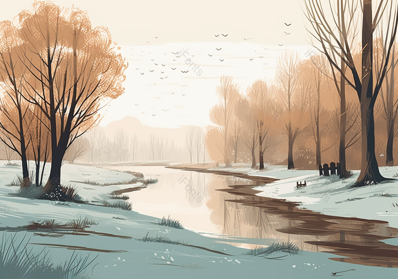 黄色大树雪盖草地立冬中国风手绘背景,插画/手绘图,插画/手绘图库,插画/手绘图下载,插画/手绘